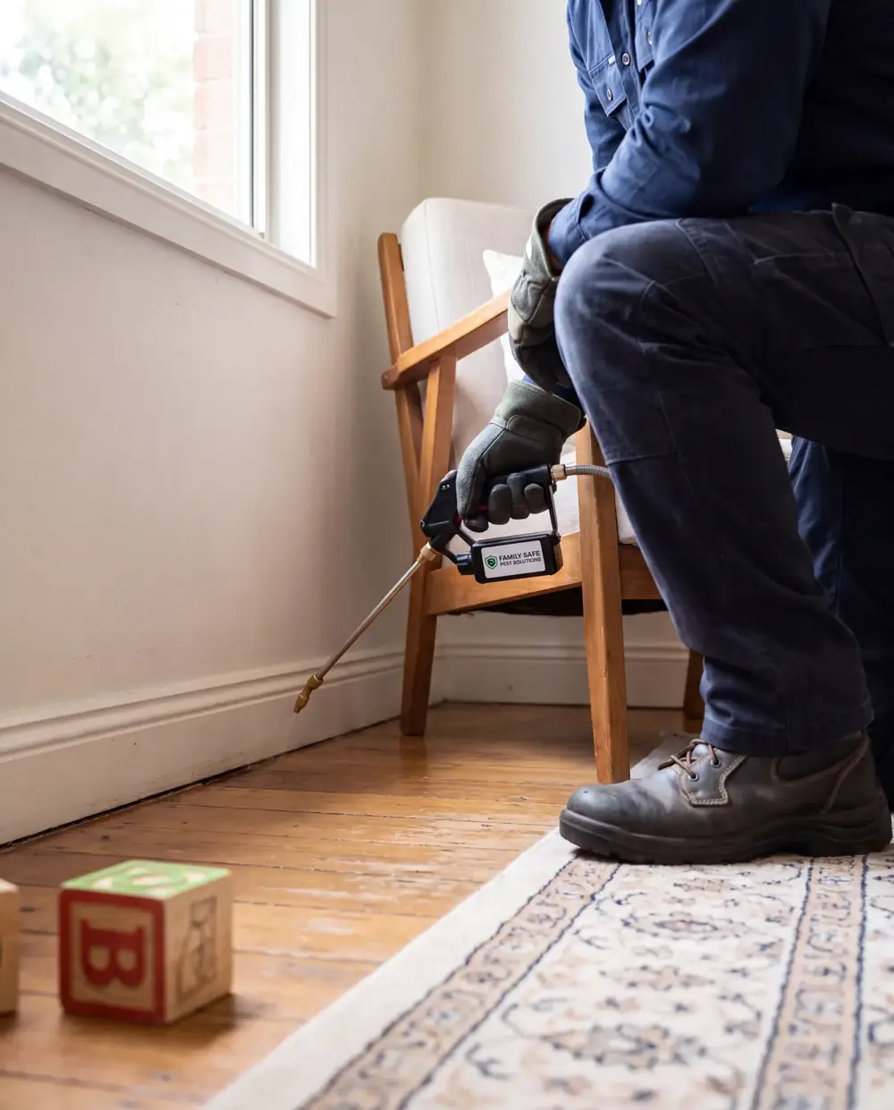 Technician spraying an internal skirting board perimeter