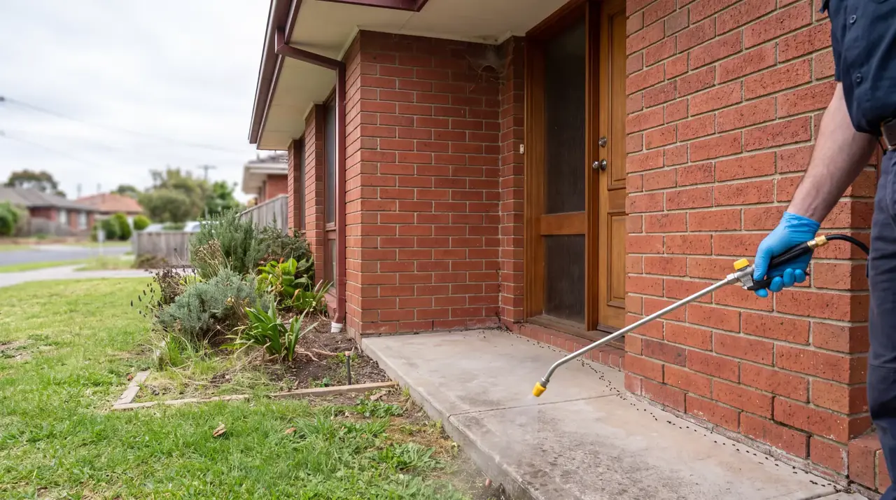 Pest control technician spraying the exterior brickwork of a Melbourne home