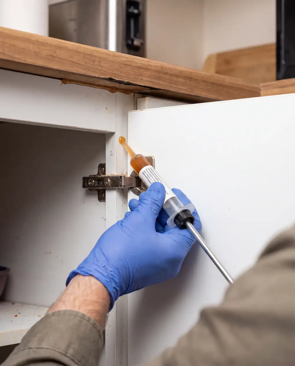 Technician applying cockroach gel bait inside a kitchen cupboard