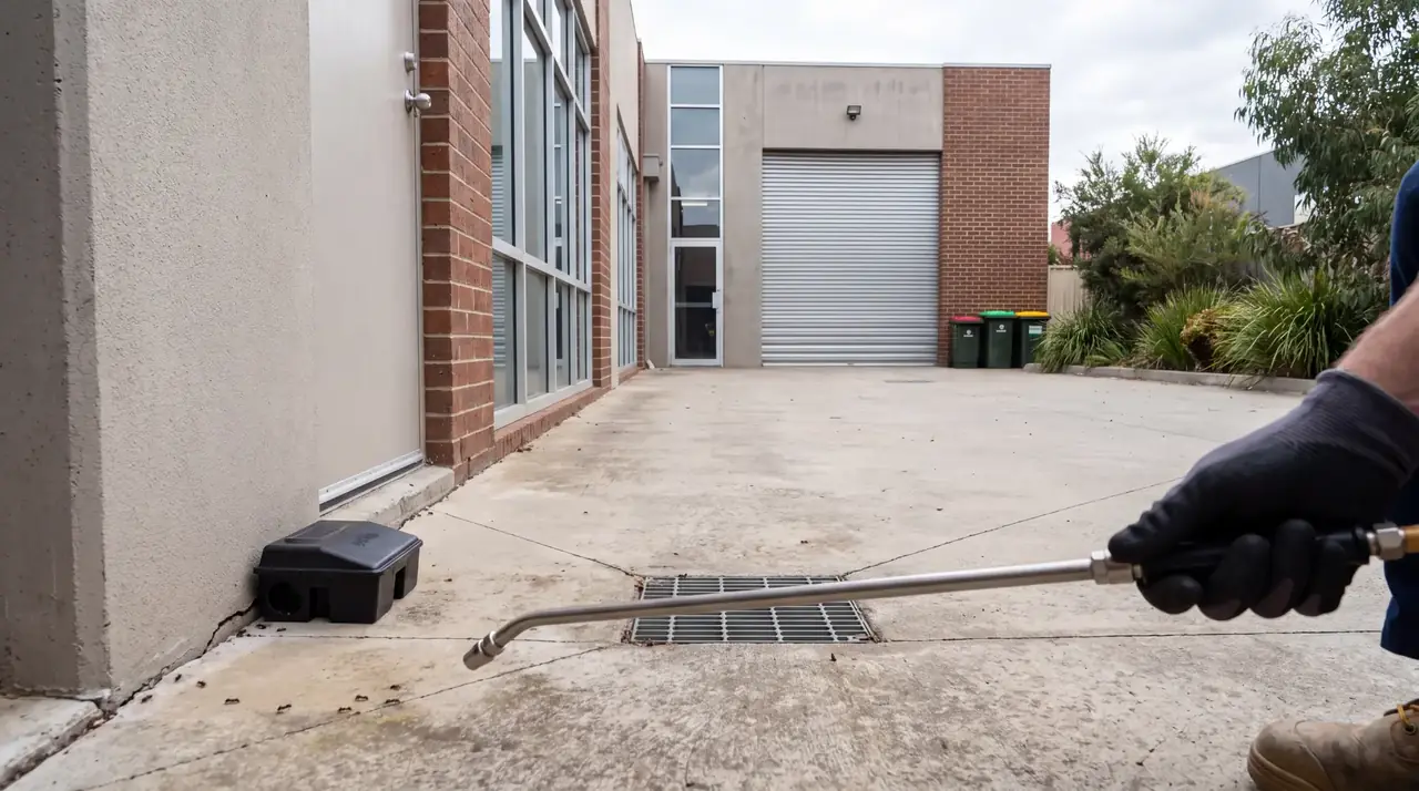 Pest control technician treating the exterior of a Melbourne commercial warehouse with a bait station in place