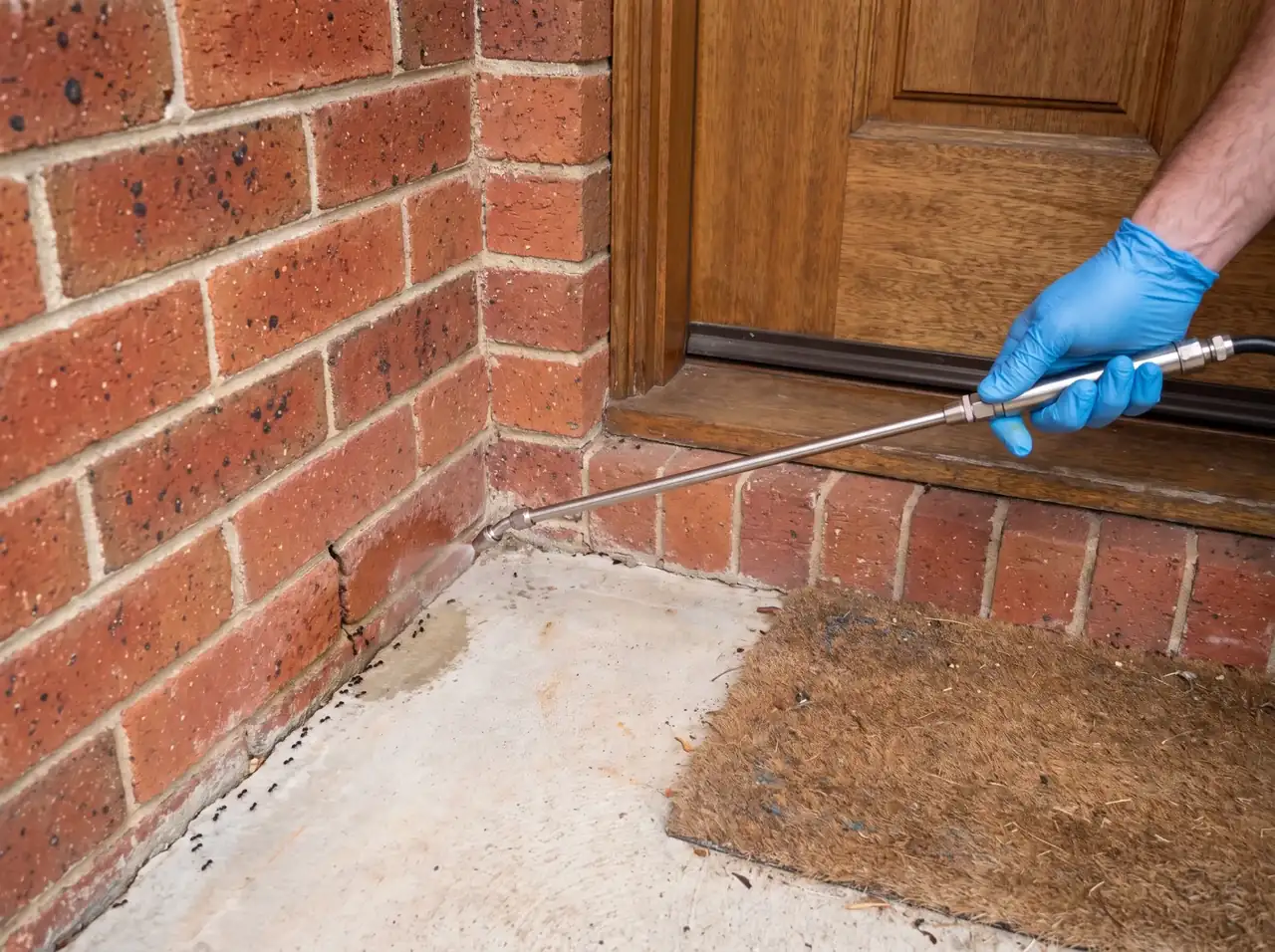 Pest control technician applying targeted treatment along a Melbourne home's brick doorway