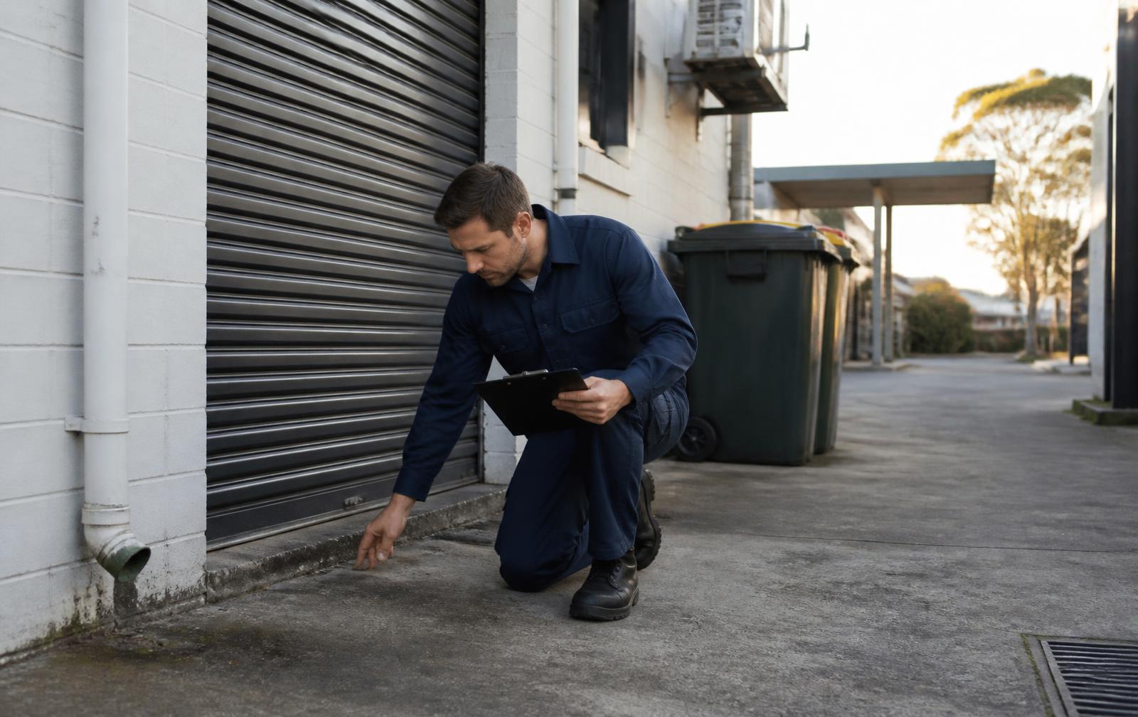 Pest control technician inspecting the rear service area of a Melbourne commercial property