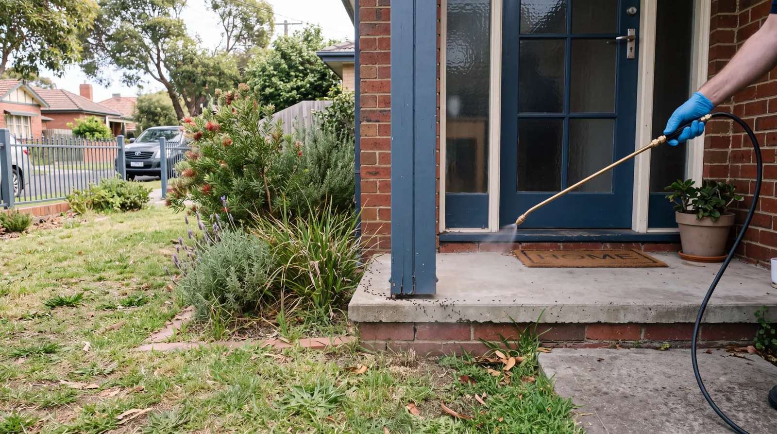 Licensed Melbourne pest control technician treating the exterior of a suburban home